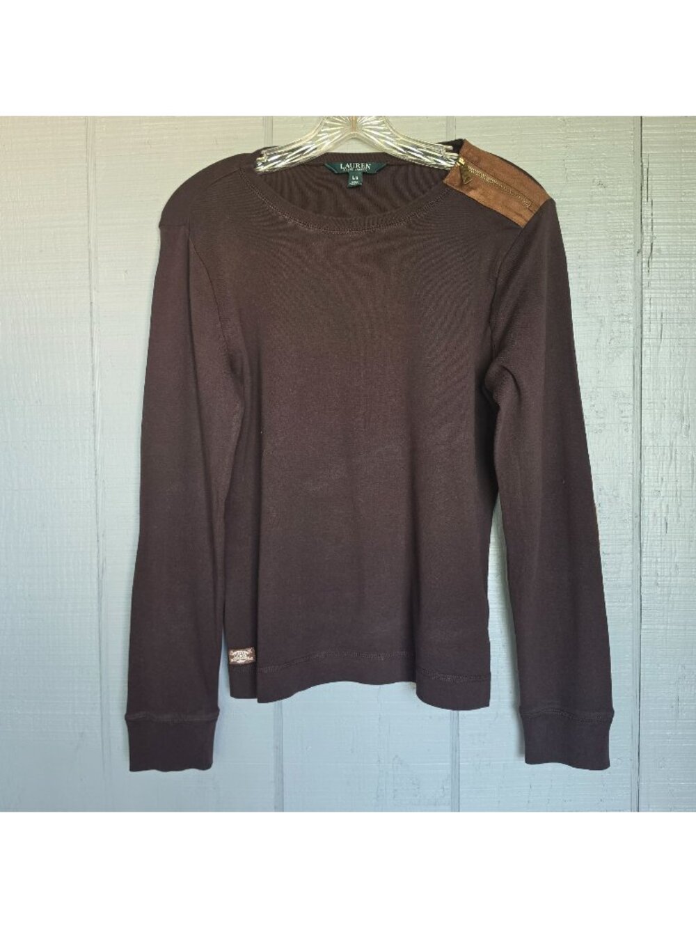 Lauren Ralph Lauren Brown Suede Patch Long Sleeve Top L Zip Shoulder Equestrian